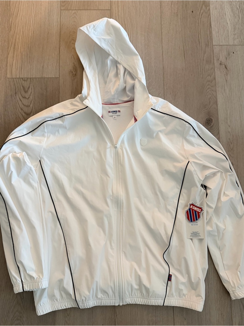 NWT K-Swiss Men's Full Zip Hooded Windbreaker Jacket White Black Piping Size L